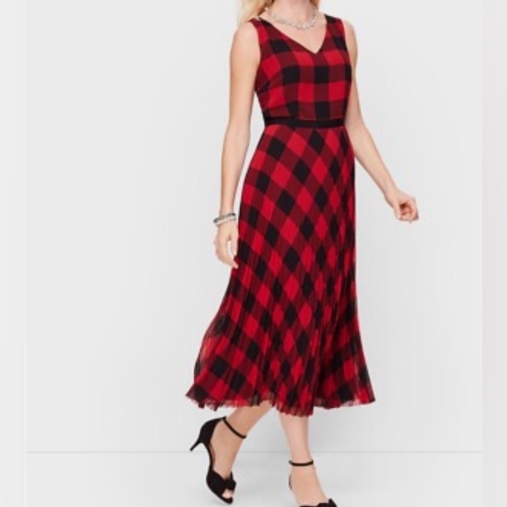 NWT Talbots Buffalo Plaid Georgette Pleated Black Red Plaid Dress size 8